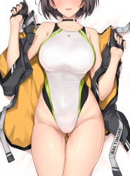 Rule 34 | 1girl, azur lane, baltimore (azur lane), black gloves, black hair, black jacket, bob cut, breasts, collarbone, competition swimsuit, covered navel, cowboy shot, facing viewer, gloves, gluteal fold, halcon, head out of frame, highleg, highleg swimsuit, jacket, large breasts, one-piece swimsuit, open mouth, partially fingerless gloves, short hair, simple background, solo, standing, swimsuit, white background