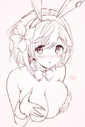 Rule 34 | 1girl, akina tsukako, animal ears, bare shoulders, blush, bow, bowtie, breast hold, breasts, breasts squeezed together, cleavage, detached collar, djeeta (granblue fantasy), eyelashes, eyes visible through hair, fake animal ears, flower, granblue fantasy, hair between eyes, hair flower, hair ornament, heart, highres, large breasts, leotard, looking at viewer, medium hair, no bra, nose blush, parted lips, playboy bunny, rabbit ears, sage (granblue fantasy), simple background, sketch, solo, white background, wrist cuffs