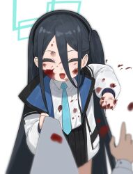 Rule 34 | 1boy, 1girl, aris (blue archive), black hair, black hairband, black skirt, blood, blood on face, blood on hands, blue archive, closed eyes, commentary request, flasso, hairband, halo, highres, holding, holding clothes, jacket, long hair, necktie, open clothes, open jacket, pleated skirt, shirt, side ponytail, simple background, skirt, smile, very long hair, white background, white jacket, white shirt