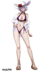 Rule 34 | 1girl, bead necklace, beads, bikini, bracelet, breasts, character request, cleavage, closed mouth, collarbone, contrapposto, curvy, eyebrows hidden by hair, flower, front-tie bikini top, front-tie top, full body, hair between eyes, hand on own hip, hanekura bou, hat, hat flower, highleg, highleg bikini, highres, jacket, jewelry, large breasts, looking at viewer, medium hair, nail polish, necklace, off shoulder, official art, purple bikini, purple nails, rose, sandals, see-through, see-through jacket, side-tie bikini bottom, sidelocks, silver hair, simple background, smile, solo, standing, sun hat, swimsuit, tachi-e, taimanin (series), taimanin rpgx, thong bikini, toenail polish, toenails, watermark, white background, white hat, yazaki reiko, yellow eyes