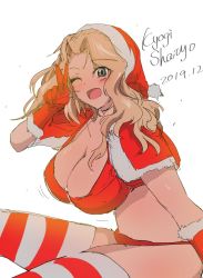 Rule 34 | 1girl, artist name, bikini, blonde hair, blue eyes, blush, bouncing breasts, breasts, christmas, cleavage, dated, girls und panzer, gloves, hat, highres, kay (girls und panzer), kyougi sharyou, large breasts, long hair, one eye closed, open mouth, red bikini, red gloves, santa costume, santa hat, simple background, smile, solo, striped clothes, striped thighhighs, swimsuit, thighhighs, tongue, v, white background
