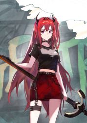Rule 34 | 1girl, arknights, asymmetrical hair, belt, black belt, black choker, black gloves, black shirt, breasts, broken wall, choker, closed mouth, commentary, cowboy shot, cross, cross necklace, demon horns, english commentary, gloves, graffiti, hair intakes, highres, holding, holding sword, holding weapon, horns, jewelry, long hair, looking to the side, medium breasts, midriff, miniskirt, necklace, o-ring, official alternate costume, pencil skirt, purple eyes, red hair, red skirt, shirt, short sleeves, side ponytail, single glove, skirt, solo, standing, surtr (arknights), surtr (liberte echec) (arknights), sword, t-shirt, thigh strap, vido sprout, weapon