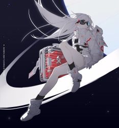 Rule 34 | 1girl, ankle boots, backpack, bag, boots, briefcase, commentary, english commentary, gloves, goggles, highres, jacket, jacknife, long hair, nike (company), original, saturn (planet), sitting, solo, space, spacesuit, white gloves, white hair, white jacket