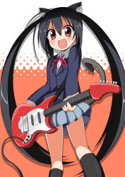 Rule 34 | 00s, 1girl, animal ears, black hair, black socks, cat ears, cat girl, cat tail, female focus, guitar, halftone, halftone background, instrument, k-on!, kneehighs, long hair, mustang (guitar), nakano azusa, neck ribbon, open mouth, red eyes, red ribbon, ribbon, school uniform, shio, smile, socks, solo, tail, twintails