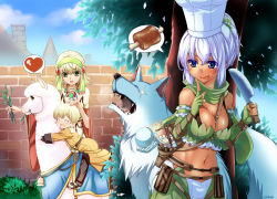 Rule 34 | + +, 1boy, 2girls, :d, :p, :q, ^ ^, acolyte (ragnarok online), alpaca, between breasts, blonde hair, blue eyes, blush, boned meat, breasts, brick wall, chef hat, cleavage, closed eyes, dark-skinned female, dark skin, day, eating, elbow gloves, closed eyes, fingerless gloves, food, gloves, green eyes, gypsy (ragnarok online), hairband, hand on head, happy, hat, heart, holding, holding knife, kawagoe pochi, knife, large breasts, llama, meat, multiple girls, navel, no bra, open mouth, outdoors, ragnarok online, ranger (ragnarok online), shared speech bubble, short hair, sitting, smile, speech bubble, spoken food, spoken heart, spoken object, strap between breasts, tongue, tongue out, tree, wolf