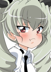 Rule 34 | 1girl, :t, absurdres, anchovy (girls und panzer), angry, anzio school uniform, black necktie, black ribbon, brown eyes, closed mouth, commentary, dress shirt, drill hair, frown, girls und panzer, glaring, green hair, hair ribbon, highres, long hair, looking at viewer, necktie, no cape, portrait, ribbon, school uniform, shirt, simple background, solo, twin drills, twintails, wakku kan, white background, white shirt, wing collar