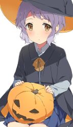 Rule 34 | 1girl, black coat, black hat, blue skirt, blush, bow, bowtie, coat, commentary, dot mouth, dot nose, flat chest, grey sweater, hat, highres, idolmaster, idolmaster million live!, jack-o&#039;-lantern, long sleeves, looking at viewer, makabe mizuki, mochigome (ununquadium), pleated skirt, pumpkin, purple hair, short hair, sidelocks, skirt, solo, sweater, thighs, wavy hair, white background, wing collar, witch hat, yellow bow, yellow bowtie, yellow eyes