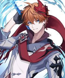 Rule 34 | 1boy, black gloves, blue eyes, earrings, genshin impact, gloves, hair between eyes, highres, holding, holding weapon, jacket, jewelry, looking at viewer, male focus, mask, mask on head, musou (asatomjj), orange hair, parted lips, red mask, red scarf, scarf, simple background, single earring, solo, tartaglia (genshin impact), upper body, water, weapon, white background