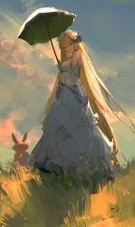 Rule 34 | 1girl, absurdly long hair, absurdres, arknights, bare shoulders, blonde hair, blue eyes, blue sky, breasts, chinese commentary, cloud, commentary request, day, dress, gloves, grass, hair between eyes, head tilt, highres, holding, holding umbrella, horns, large breasts, long hair, looking at viewer, off-shoulder dress, off shoulder, official alternate costume, outdoors, qiumoyixing, rabbit, saileach (appreciate fragrance) (arknights), saileach (arknights), sky, smile, solo, standing, umbrella, very long hair, white dress, white gloves