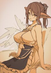 Rule 34 | 1girl, alternate breast size, animal ears, arknights, bare shoulders, blush, breasts, brown theme, dress, frills, hair between eyes, hair ribbon, heart, highres, lap pillow invitation, large breasts, looking at viewer, monochrome, nitro (mugityaoisii), parted lips, perfumer (arknights), plant, ponytail, ribbon, simple background, sleeveless, solo, spaghetti strap