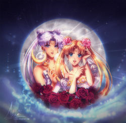 Rule 34 | 2girls, axsen, bad id, bad pixiv id, bare shoulders, bishoujo senshi sailor moon, blonde hair, blue eyes, crescent, crescent facial mark, double bun, earrings, facial mark, flower, forehead mark, full moon, hair flower, hair ornament, hairpin, jewelry, long hair, maboroshi no ginzuishou, moon, moon stick, mother and daughter, multiple girls, pink flower, pink rose, princess serenity, purple eyes, queen serenity, red flower, red rose, rose, smile, tsukino usagi, twintails, white hair