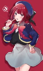 Rule 34 | 1girl, arima kana, blue headwear, blush, bob cut, finger to mouth, grey skirt, hat, hat ribbon, highres, inverted bob, looking at viewer, open mouth, oshi no ko, red background, red eyes, red hair, ribbon, school uniform, short hair, skirt, toto10noto, unhappy, youtou high school uniform