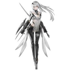 Rule 34 | 1girl, arm blade, artist request, bandage on thigh, breasts, closed mouth, full body, girls&#039; frontline, grig (girls&#039; frontline), hair between eyes, hair ornament, holding, holding weapon, large breasts, long hair, long sword, looking at viewer, mechanical arms, mechanical legs, no feet, nyto (girls&#039; frontline), official art, paradeus, ponytail, simple background, solo, standing, strapless, sword, third-party source, transparent background, tube top, weapon, white hair, white tube top, yellow eyes