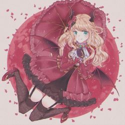 Rule 34 | 1girl, ascot, bat wings, blonde hair, bow, brown thighhighs, chromatic aberration, circle, closed mouth, dress, fang, fang out, floral print, frilled dress, frilled shirt collar, frilled sleeves, frilled umbrella, frills, full body, garter straps, gem, gold trim, green eyes, green gemstone, grey background, hair bow, hair ornament, hands up, haruhana aya, high heels, highres, holding, holding umbrella, knees together feet apart, layered dress, light particles, lolita fashion, long hair, long sleeves, looking at viewer, low wings, official alternate costume, own hands together, petals, print thighhighs, red background, red bow, red dress, red footwear, red umbrella, red wings, shoes, short dress, shoujo kageki revue starlight, shoujo kageki revue starlight -re live-, sidelocks, sleeves past wrists, smile, solo, thighhighs, two-tone background, umbrella, vampire, wavy hair, white ascot, wing hair ornament, wings, yumeoji shiori