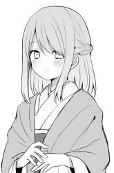 Rule 34 | 1girl, blush, braid, character request, chiune (yachi), closed mouth, greyscale, hair over one eye, highres, japanese clothes, kimono, long sleeves, monochrome, obi, sash, simple background, smile, solo, tsumugu otome to taishou no tsuki, upper body, white background, wide sleeves