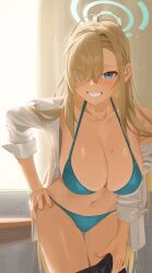 Rule 34 | 1girl, absurdres, asuna (blue archive), black skirt, blue archive, blue bra, blue eyes, blue halo, blue panties, blush, bra, breasts, cleavage, clothes pull, cowboy shot, grin, groin, hair over one eye, halo, hand on own hip, highres, indoors, large breasts, light brown hair, long hair, looking at viewer, mm (mhm2592), mole, mole on breast, navel, panties, pulled by self, skirt, skirt pull, smile, solo, underwear
