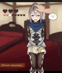 Rule 34 | 1girl, :d, armor, arms behind back, bed, black border, blue scarf, blurry, blurry background, blush, blush stickers, border, cher i, disembodied hand, disembodied hand, english text, eyebrows, feet out of frame, fire emblem, fire emblem fates, gameplay mechanics, gloves, grey eyes, hair between eyes, hair bun, headpat, heart, highres, indoors, kana (female) (fire emblem), kana (fire emblem), looking at viewer, matching hair/eyes, nintendo, open mouth, outside border, pointy ears, scarf, sidelocks, silver hair, single hair bun, smile, solo focus, sparkle, speech bubble, standing, table, teeth, upper teeth only, white gloves