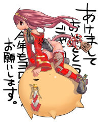 Rule 34 | 1girl, animal ears, ankle boots, bell, boots, detached sleeves, ema, frilled thighhighs, frills, highleg, monkey ears, monkey tail, original, pink hair, red eyes, red thighhighs, riding, solo, tail, text focus, thighhighs, x6suke, zipper