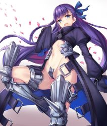 Rule 34 | 10s, 1girl, armor, armored boots, belt, blue eyes, blue ribbon, boots, crotch plate, fate/extra, fate/extra ccc, fate (series), hair ribbon, highres, long hair, long sleeves, looking at viewer, meltryllis (fate), mokyu (kukoudesu), navel, open mouth, petals, puffy long sleeves, puffy sleeves, purple hair, revealing clothes, ribbon, simple background, smile, solo, spikes, stomach, thighhighs, very long hair, white background