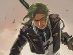 Rule 34 | 1boy, black gloves, black jacket, buttons, chinese commentary, commentary request, dated commentary, gloves, green hair, hizamaru (touken ranbu), holding, holding sword, holding weapon, jacket, katana, looking to the side, male focus, military, military uniform, open clothes, open jacket, open mouth, sheath, sheathed, shirt, short hair, solo, sword, tassel, touken ranbu, uniform, upper body, v-shaped eyebrows, weapon, white shirt, yellow eyes, zi tsas