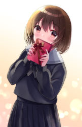 Rule 34 | 1girl, bad id, bad pixiv id, black bow, black shirt, black skirt, blush, bow, box, brown background, brown hair, commentary request, covered mouth, fingernails, gift, gift box, gradient background, grey sailor collar, hair between eyes, highres, holding, holding gift, leaning to the side, long sleeves, looking at viewer, minami saki, original, pleated skirt, red eyes, sailor collar, school uniform, serafuku, shirt, skirt, solo, valentine, white background