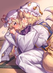 Rule 34 | ..., 2girls, animal ears, animal hat, blonde hair, blush, bow, breasts, collar, dress, elbow gloves, fox ears, fox tail, frilled collar, frilled dress, frilled hat, frills, gloves, hands on another&#039;s knees, hands on own knees, hat, hat ribbon, highres, hug, hug from behind, indoors, knees up, large breasts, long hair, long sleeves, looking at another, looking back, masanaga (tsukasa), mob cap, multiple girls, multiple tails, on floor, open mouth, parted lips, profile, purple dress, purple eyes, red ribbon, ribbon, short hair, sidelocks, sweatdrop, tabard, tail, tassel, tatami, touhou, white dress, white gloves, white legwear, wide sleeves, yakumo ran, yakumo yukari, yellow bow, yellow eyes