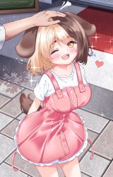 Rule 34 | 1girl, 1other, ambiguous gender, animal ears, blonde hair, blouse, blush, breasts, brown hair, commentary, dog ears, dog girl, dog tail, dress, fang, frilled dress, frills, green eyes, hachiko of castling, hand on another&#039;s head, happy, headpat, heart, highres, ine (ineinnen), large breasts, last origin, looking at viewer, medium hair, multicolored hair, one eye closed, open mouth, out of frame, pinafore dress, pink dress, shirt, short sleeves, sleeveless dress, smile, sparkle, split-color hair, tail, thick eyebrows, two-tone hair, white shirt