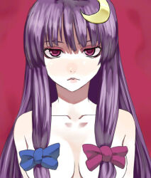 Rule 34 | 1girl, bow, breasts, collarbone, commentary, convenient censoring, crescent, crescent hair ornament, eyebrows hidden by hair, frown, hair bow, hair censor, hair ornament, hair over breasts, koma neko, long hair, looking at viewer, medium breasts, nude, patchouli knowledge, purple eyes, purple hair, red background, sidelocks, solo, touhou, upper body