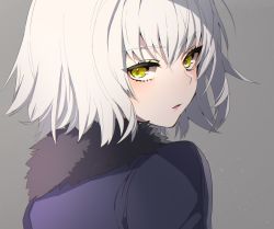 Rule 34 | 1girl, blue jacket, blush, commentary, face, fate/grand order, fate (series), from behind, fur trim, highres, jacket, jeanne d&#039;arc (fate), jeanne d&#039;arc alter (fate), jeanne d&#039;arc alter (ver. shinjuku 1999) (fate), looking back, neko-san (dim.dream), official alternate costume, open mouth, short hair, silver hair, simple background, solo, yellow eyes