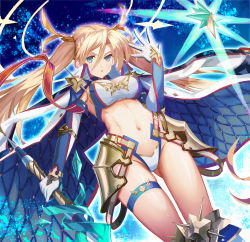 Rule 34 | 1girl, armor, bare shoulders, bikini, blonde hair, blue background, blue eyes, boots, bradamante (fate), bradamante (third ascension) (fate), braid, breasts, cape, cleavage, commentary request, elbow gloves, fate/grand order, fate (series), faulds, french braid, gloves, hair ornament, highres, knee boots, large breasts, long hair, looking at viewer, navel, parted lips, scepter, shield, solo, star (symbol), starry background, swimsuit, tea sly, thigh strap, twintails, very long hair, weapon