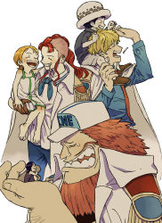 Rule 34 | 3boys, 3girls, ^ ^, age difference, aged down, bellemere, blonde hair, blue neckerchief, blue shirt, carrying, child, chizuko (chiduk0), cigarette, closed eyes, coat, coat on shoulders, donquixote rocinante, dress, epaulettes, facial hair, from side, giant, grin, happy, hat, holding baby, jaguar d. saul, knees up, laughing, long sleeves, mother and daughter, multiple boys, multiple girls, nami (one piece), neckerchief, nico robin, official alternate costume, one piece, orange hair, piggyback, red hair, shirt, short hair, short sleeves, simple background, sitting, size difference, sleeveless, sleeveless dress, smile, trafalgar law, white background, white shirt