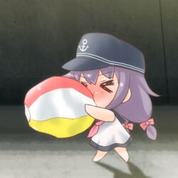 Rule 34 | &gt; &lt;, 1girl, akatsuki (kancolle), anchor symbol, ball, beachball, blowing, blush, bow, chibi, closed eyes, commentary request, dress, full body, gale kawaii, hair bow, hat, kantai collection, low twintails, lowres, peaked cap, purple hair, sailor dress, solo, twintails