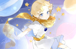 Rule 34 | 1boy, baggy clothes, blonde hair, blue eyes, blush, bright pupils, fate/grand order, fate/requiem, fate (series), floating, glowing, looking at viewer, male focus, open hand, open mouth, parted bangs, planet, robe, scarf, short sleeves, sky, solo, space, star (sky), star (symbol), starry background, starry sky, sukybaba, voyager (fate), voyager (first ascension) (fate), yellow scarf