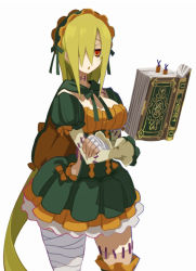 Rule 34 | 1girl, bandages, blonde hair, book, crossed arms, floating, floating object, hair over one eye, harada takehito, headdress, long hair, long sleeves, majo to hyakkihei, official art, ryubence (majo to hyakkihei), simple background, solo, stitches, white background