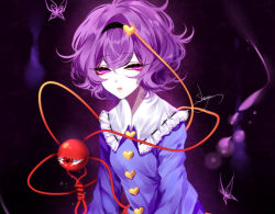 Rule 34 | 1girl, artist name, aura, black background, black hairband, blue shirt, bug, butterfly, chinese commentary, commentary request, frilled shirt collar, frills, hair between eyes, hair ornament, hairband, heart, heart hair ornament, insect, komeiji satori, long sleeves, looking at viewer, parted lips, pink eyes, purple hair, red eyes, sheya, shirt, short hair, signature, solo, third eye, touhou, upper body, wide sleeves