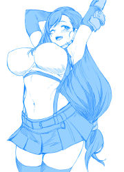 Rule 34 | 1girl, absurdres, armpits, arms up, blue theme, breasts, crop top, earrings, elbow pads, final fantasy, final fantasy vii, final fantasy vii remake, gloves, happy, highres, jewelry, large breasts, long hair, looking at viewer, low-tied long hair, midriff, monochrome, navel, one eye closed, open mouth, pencil skirt, shirt, skirt, smile, solo, sports bra, stretching, suspender skirt, suspenders, swept bangs, tank top, taut clothes, taut shirt, thighhighs, tifa lockhart, whoosaku