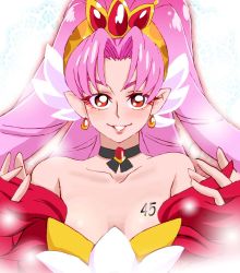 Rule 34 | 1girl, akagi towa, choker, cure scarlet, earrings, go! princess precure, graphite (medium), jewelry, long hair, looking at viewer, magical girl, millipen (medium), onnaski, open mouth, pink hair, pointy ears, precure, precure all stars, red eyes, smile, solo, traditional media