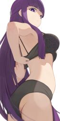 Rule 34 | 1girl, ass, black bra, bra, breasts, closed mouth, cut bangs, fern (sousou no frieren), from below, highres, hiroki (yyqw7151), large breasts, long hair, looking at viewer, looking down, purple eyes, purple hair, simple background, solo, sousou no frieren, underwear, underwear only, very long hair, white background