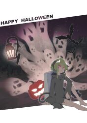 Rule 34 | 1girl, absurdres, barefoot, beluga445, black dress, closed mouth, commentary, dress, feet out of frame, ghost, green hair, hair between eyes, happy halloween, highres, horns, jack-o&#039;-lantern, knee up, lantern, long sleeves, original, red eyes, sitting, sleeves past wrists, solo, tail, tombstone, torn clothes, torn dress