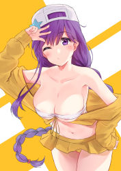 Rule 34 | 1girl, areola slip, arm up, backwards hat, baseball cap, bb (fate), bb (fate) (all), bb (swimsuit mooncancer) (fate), bb (swimsuit mooncancer) (first ascension) (fate), bikini, bikini top only, blush, braid, breasts, cleavage, closed mouth, collarbone, commentary request, covered erect nipples, fate/grand order, fate (series), front-tie top, hair between eyes, hair bobbles, hair ornament, hand on own hip, hat, head tilt, highres, jacket, large breasts, long hair, long sleeves, looking at viewer, minikon, navel, off shoulder, one eye closed, pleated skirt, purple eyes, purple hair, single braid, skirt, sleeves past wrists, solo, standing, star (symbol), swimsuit, very long hair, w, white bikini, white hat, yellow jacket, yellow skirt