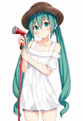 Rule 34 | 1girl, alternate costume, bare shoulders, blue shorts, brown hat, casual, clothing cutout, collarbone, cowboy shot, cutoffs, denim, denim shorts, dress, eyebrows, frilled sleeves, frills, green eyes, green hair, hair ornament, hair scrunchie, hat, hatsune miku, head tilt, holding, hose, long hair, looking at viewer, low twintails, matching hair/eyes, off-shoulder dress, off shoulder, puffy short sleeves, puffy sleeves, scrunchie, short shorts, short sleeves, shorts, shoulder cutout, shuuichi, simple background, solo, standing, straw hat, sundress, tareme, twintails, very long hair, vocaloid, white background