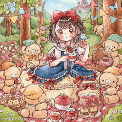 Rule 34 | 1girl, animal, animal on hand, animate object, apple, aqua flower, aqua hat, bird, black hair, blue dress, blush, bow, braid, bread, brown hair, brown hat, building, bunting, burger, bush, castle, center-flap bangs, center frills, checkerboard cookie, chocolate chip cookie, commentary request, cookie, cup, dated commentary, day, dirt road, dress, drink, eating, facing away, flower, food, fork, frilled dress, frills, from behind, fruit, gingham, grass, green bow, hair ribbon, hat, heart-shaped food, hiding, holding, holding cup, holding drink, holding food, holding fork, holding fruit, holding knife, knife, lolita fashion, looking at animal, looking at food, looking at viewer, macaron, mat, multicolored clothes, multicolored dress, neck ribbon, orange hat, original, outdoors, painting (medium), parted lips, picnic, picnic basket, pink flower, plate, pointy hat, red bow, red ribbon, ribbon, road, running, sakano machi, saucer, side braids, snow white, solo, sparkling eyes, stuffed animal, stuffed toy, table knife, tablecloth, tea, teacup, teapot, teddy bear, themed object, tiered tray, tongue, tongue out, traditional media, tree, twin braids, twitter username, watercolor (medium), watermark, white dress, yellow dress