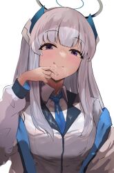 Rule 34 | 1girl, after fellatio, blue archive, blue necktie, blunt bangs, breasts, cum, cum in mouth, drooling, formal, halo, highres, hototogisu (7kanu 7ra), jacket, large breasts, licking lips, long hair, looking at viewer, necktie, noa (blue archive), purple eyes, shirt, simple background, smile, solo, straight hair, suit, tongue, tongue out, upper body, white background, white hair, white jacket, white shirt, white suit