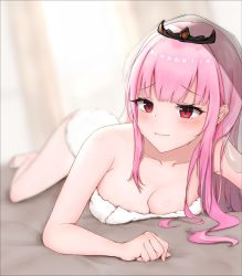 Rule 34 | 1girl, arm support, ass, blurry, breasts, cleavage, day, depth of field, embarrassed, eyelashes, hanefuro, highres, hololive, hololive english, indoors, large breasts, legs, long hair, looking to the side, lying, mori calliope, naked towel, on bed, on stomach, pink hair, red eyes, sidelocks, solo, tiara, towel, veil, virtual youtuber, window