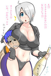 Rule 34 | 1boy, 1girl, ahoge, angel (kof), bad id, bad pixiv id, blue eyes, bottle, breast press, breasts, censored, chaps, fingerless gloves, gloves, hair over one eye, headlock, highres, k9999, large breasts, midriff, navel, okyou, silver hair, sleeves rolled up, snk, sweat, the king of fighters, translation request