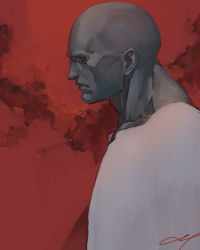 Rule 34 | 1boy, bald, black sclera, colored sclera, colored skin, crack, cracked wall, grey skin, highres, male focus, nishiki areku, original, profile, red eyes, red theme, signature, sketch, solo