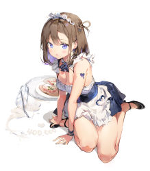 Rule 34 | 1girl, anmi, apron, arm support, bare arms, bare legs, bare shoulders, blush, breasts, brown hair, cleavage, collarbone, detached collar, dress, food, frilled apron, frills, hair rings, highres, looking at viewer, maid, maid apron, maid headdress, medium breasts, open mouth, original, pizza, purple eyes, short hair, sitting, skirt, solo, thighs, tray, waist apron, white apron, yokozuwari