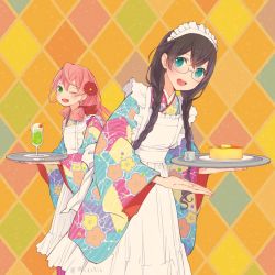 Rule 34 | 2girls, akashi (kancolle), alternate costume, apron, black hair, blue eyes, braid, cake, cherry, colis, crossed bangs, cup, drinking glass, flower, food, frills, fruit, green eyes, hair flower, hair ornament, hurricane glass, ice cream, japanese clothes, kantai collection, long hair, low twintails, maid, maid headdress, multiple girls, one eye closed, ooyodo (kancolle), pancake, pastel colors, pink hair, twin braids, twintails, twitter username, wa maid