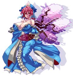 Rule 34 | 1girl, areola slip, blue hat, blue kimono, breasts, cherry blossoms, cleavage, closed mouth, full body, hand fan, hat, holding, holding fan, japanese clothes, kimono, large breasts, looking at viewer, mmmmatimmmmati, mob cap, pink eyes, pink hair, pixel art, purple hair, saigyouji yuyuko, short hair, simple background, solo, touhou, triangular headpiece, white background