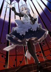 Rule 34 | 1girl, adapted costume, alternate costume, apron, arm up, black pantyhose, blue eyes, braid, dagger, dress, dutch angle, freeze (867139), from below, full body, gradient background, highres, izayoi sakuya, knife, long sleeves, looking at viewer, looking down, maid, maid headdress, moon, pantyhose, pocket watch, puffy sleeves, ribbon, short hair, silver hair, solo, touhou, twin braids, watch, weapon